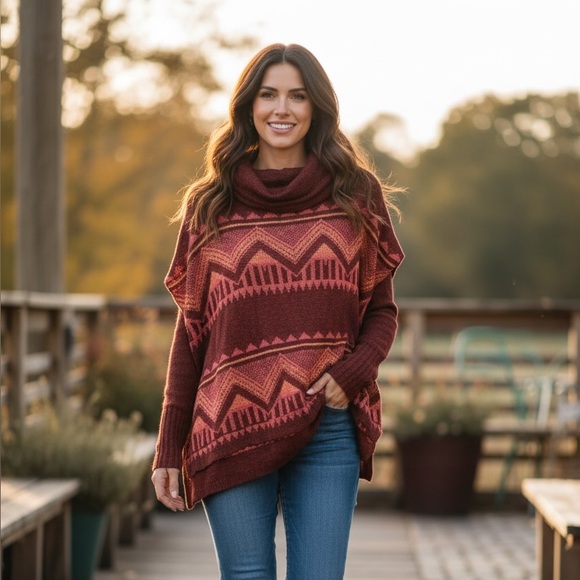 Indigo Sweaters - Indigo Burgundy and Orange Cowl Neck Poncho NWOT